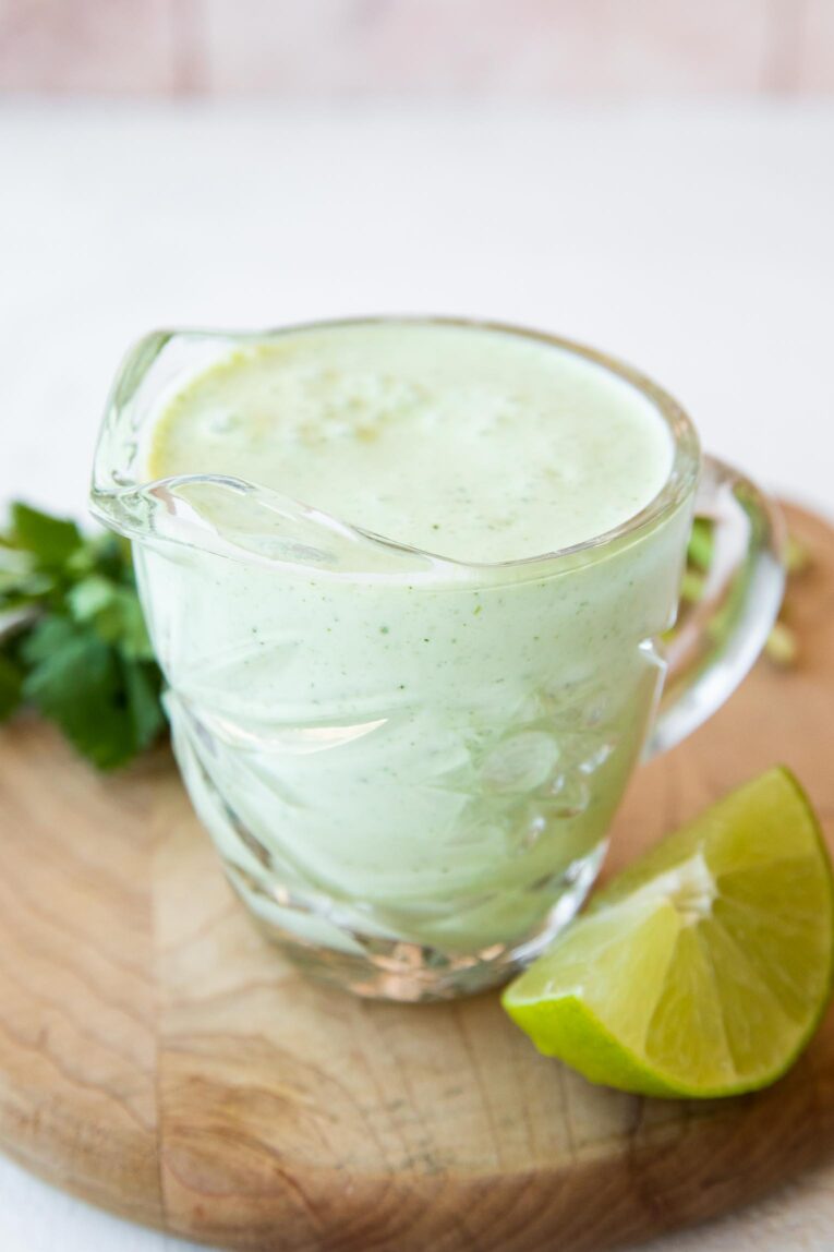 Angled photo of 4-ingredient Cilantro Lime Sauce.