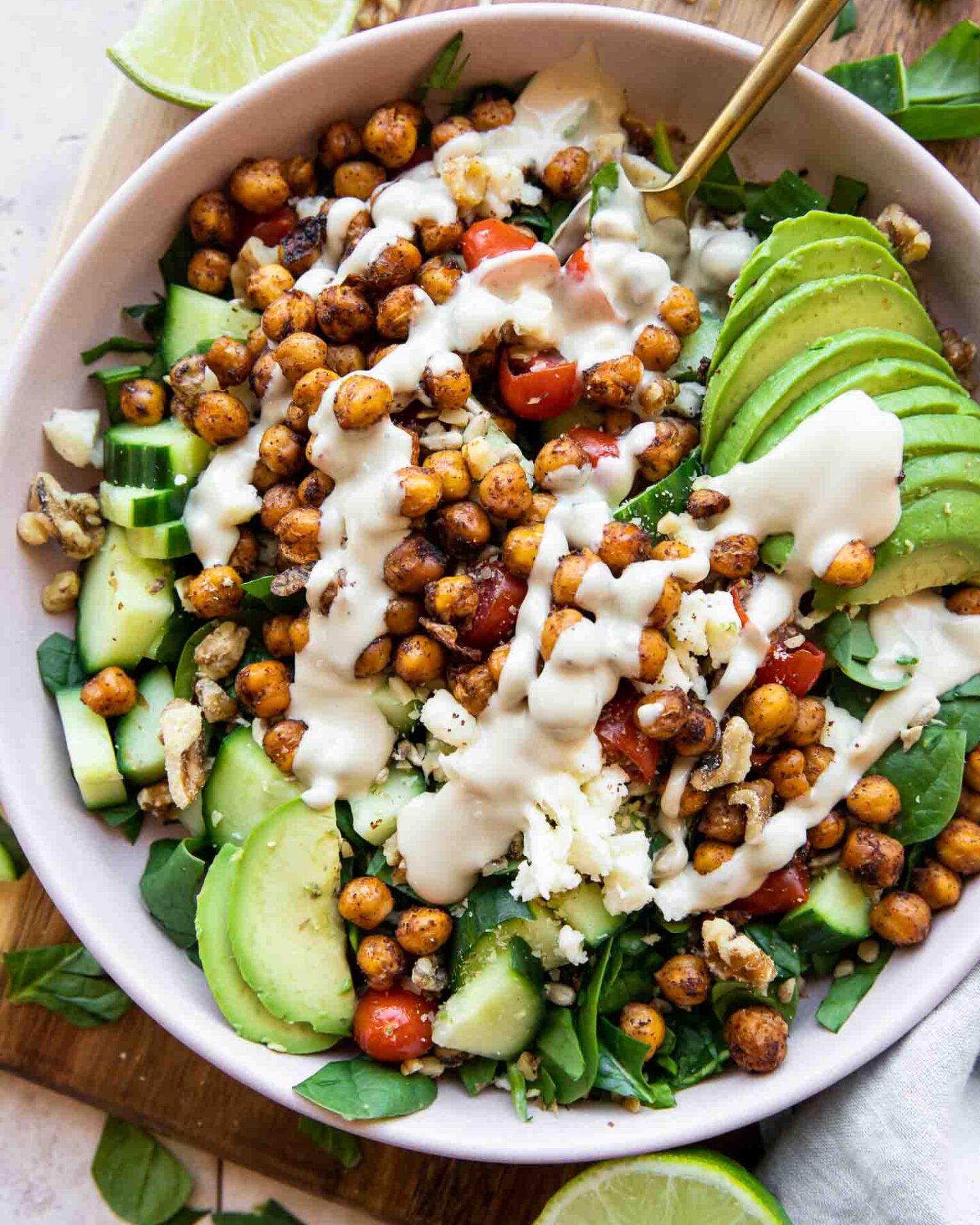 Crispy Chili Lime Chickpea Salad recipe in a bowl.