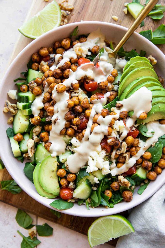 Crispy Chili Lime Chickpea Salad recipe in a bowl.