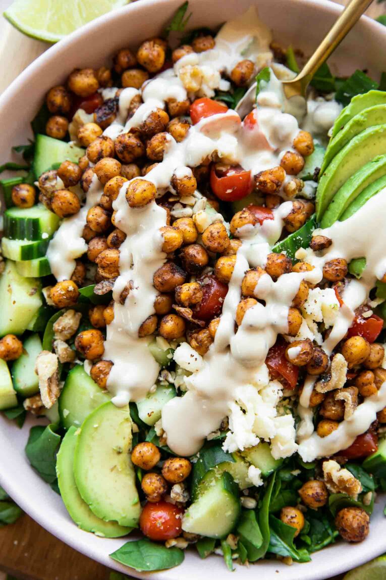 Close up of Crispy Chili Lime Chickpea Salad with a fork.