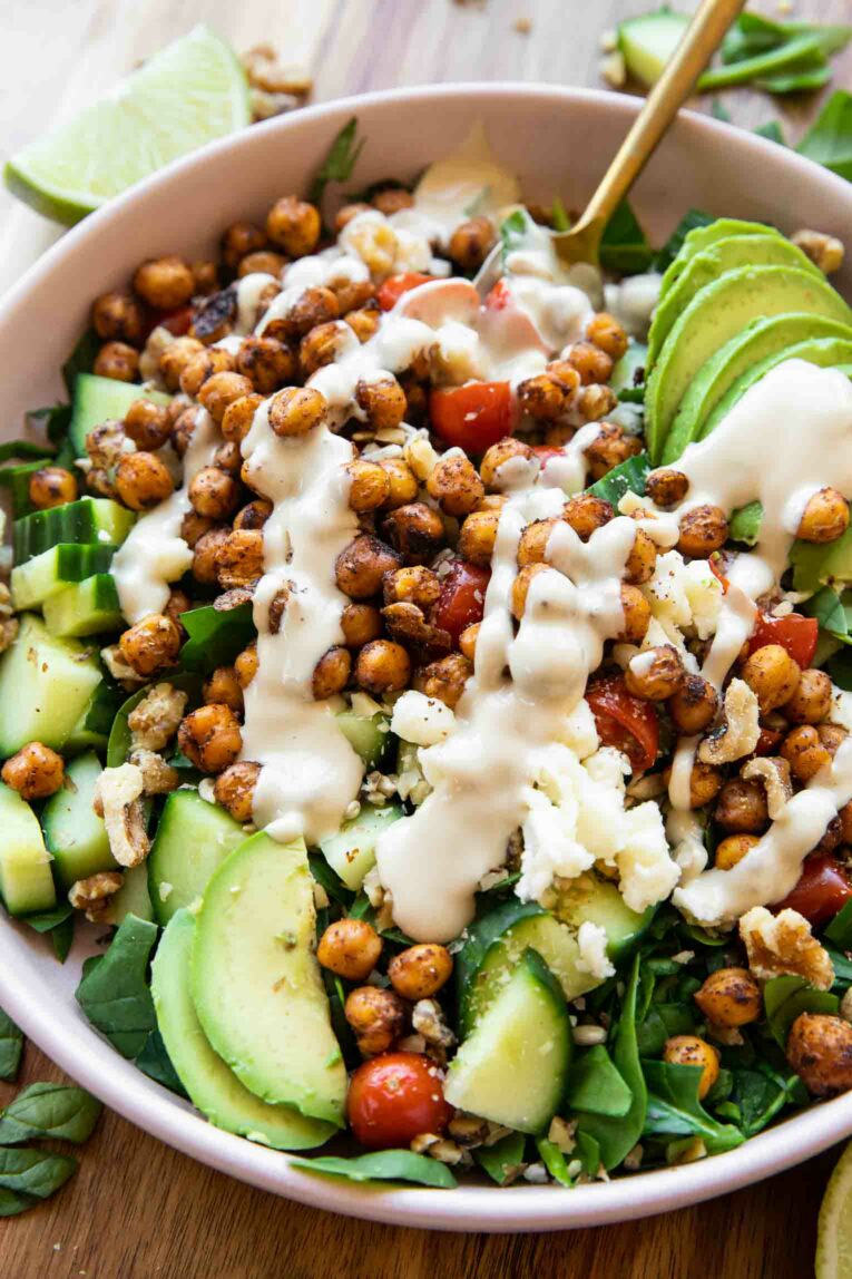 Angled photo of Crispy Chili Lime Chickpea Salad.