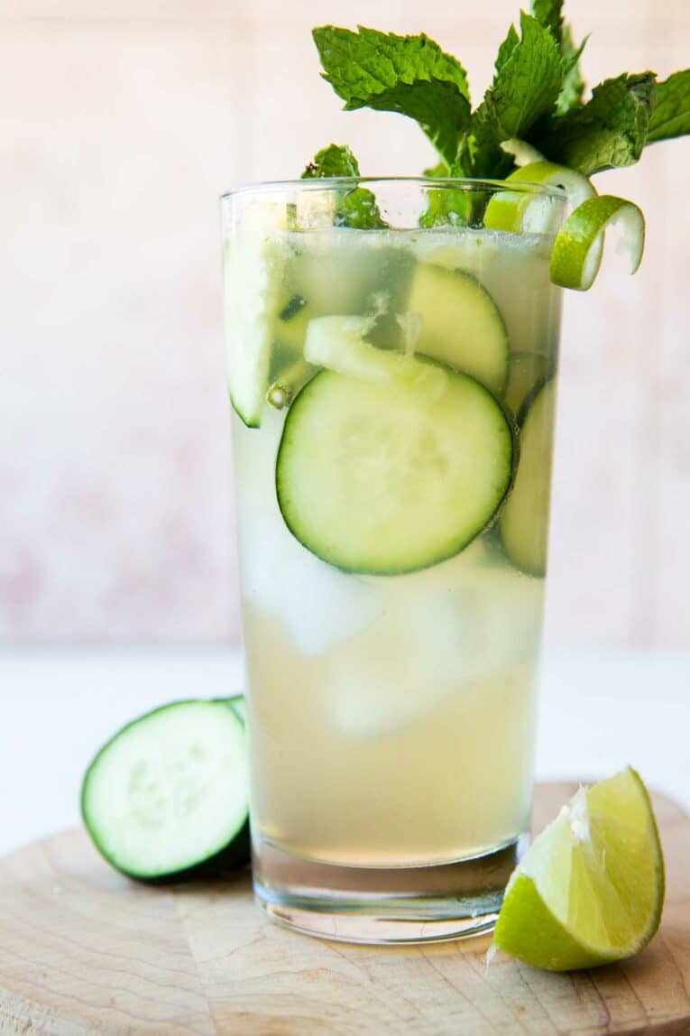 Close up of non alcoholic cucumber lime spritzer.