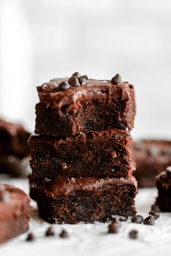 Stack of Healthy Fudgy Tahini Brownies recipe.