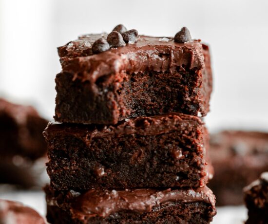 Stack of Healthy Fudgy Tahini Brownies recipe.
