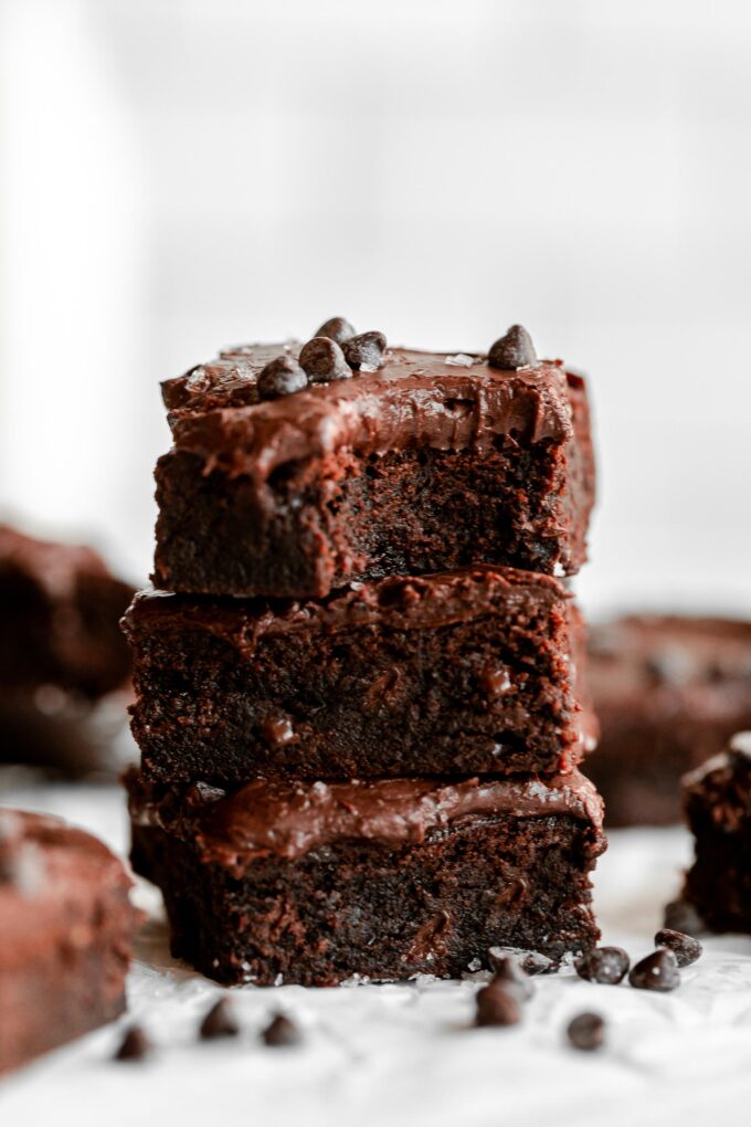 Stack of Healthy Fudgy Tahini Brownies recipe.
