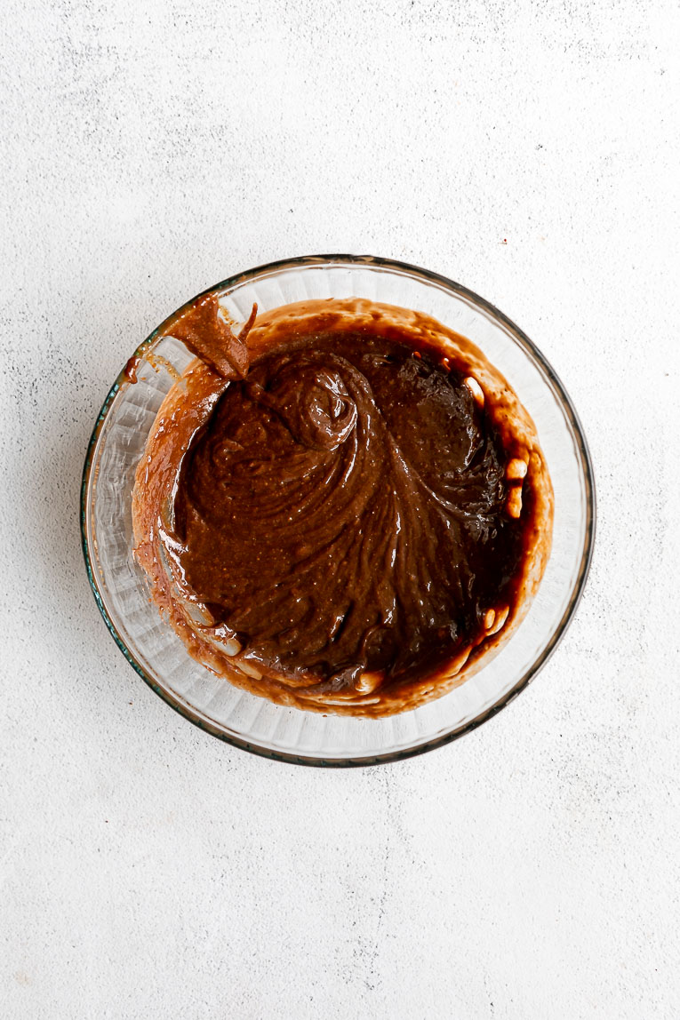 Liquid ingredients mixed together for tahini brownies.