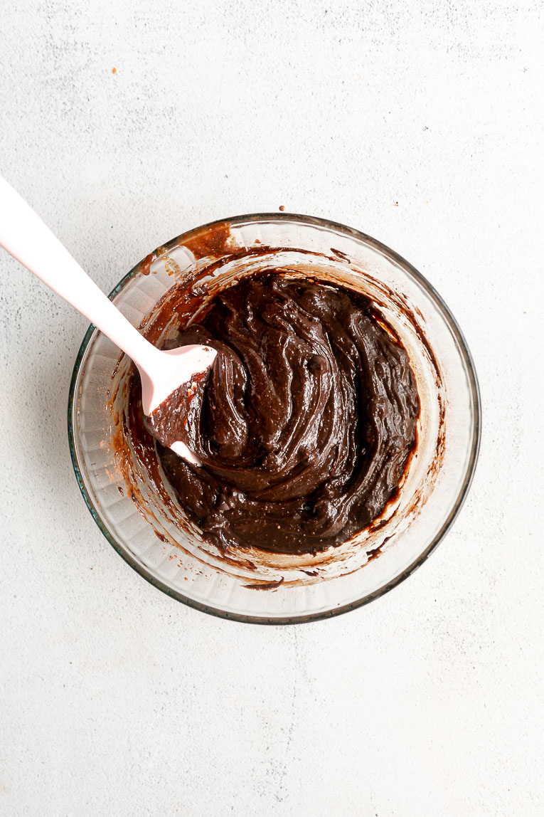 Tahini brownie batter in a mixing bowl.