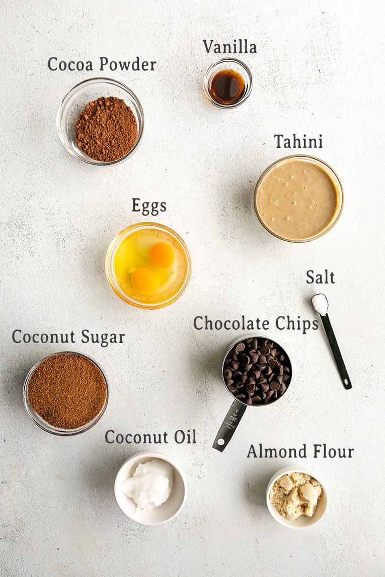 Ingredients for healthy tahini brownies recipe.