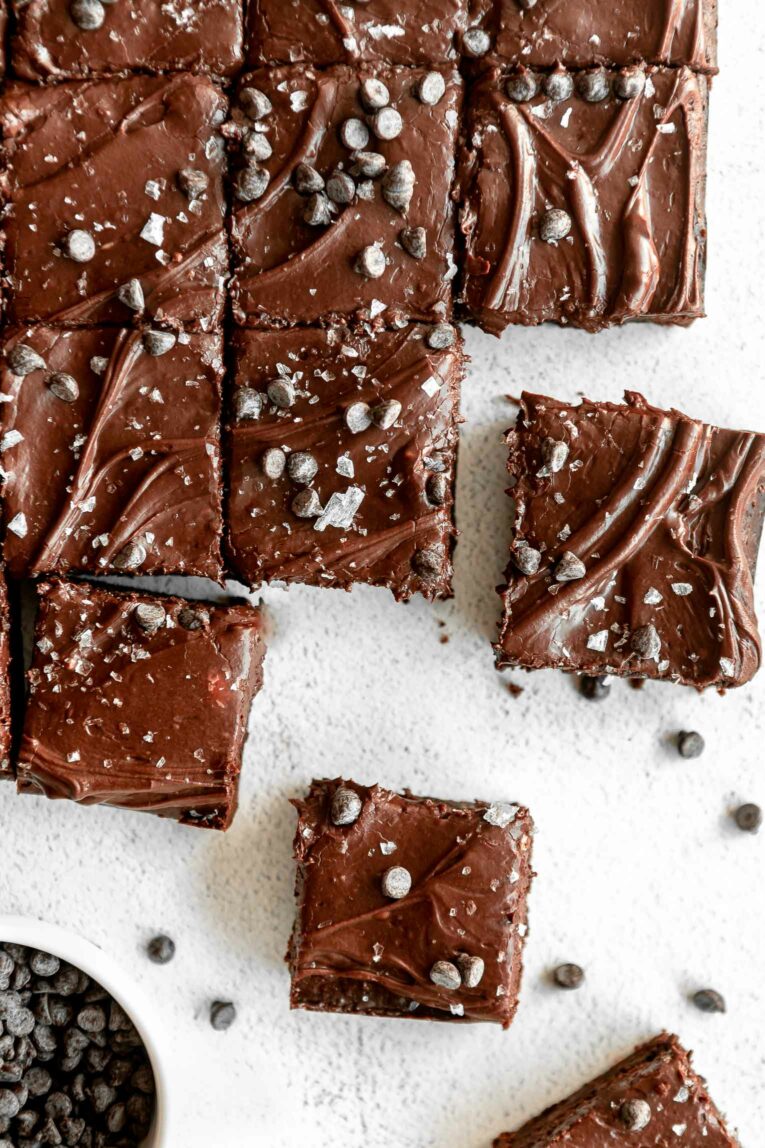 Tahini brownies on a white background.
