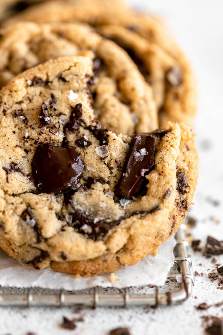 Tahini Chocolate Chip Cookies close up with bite taken out.