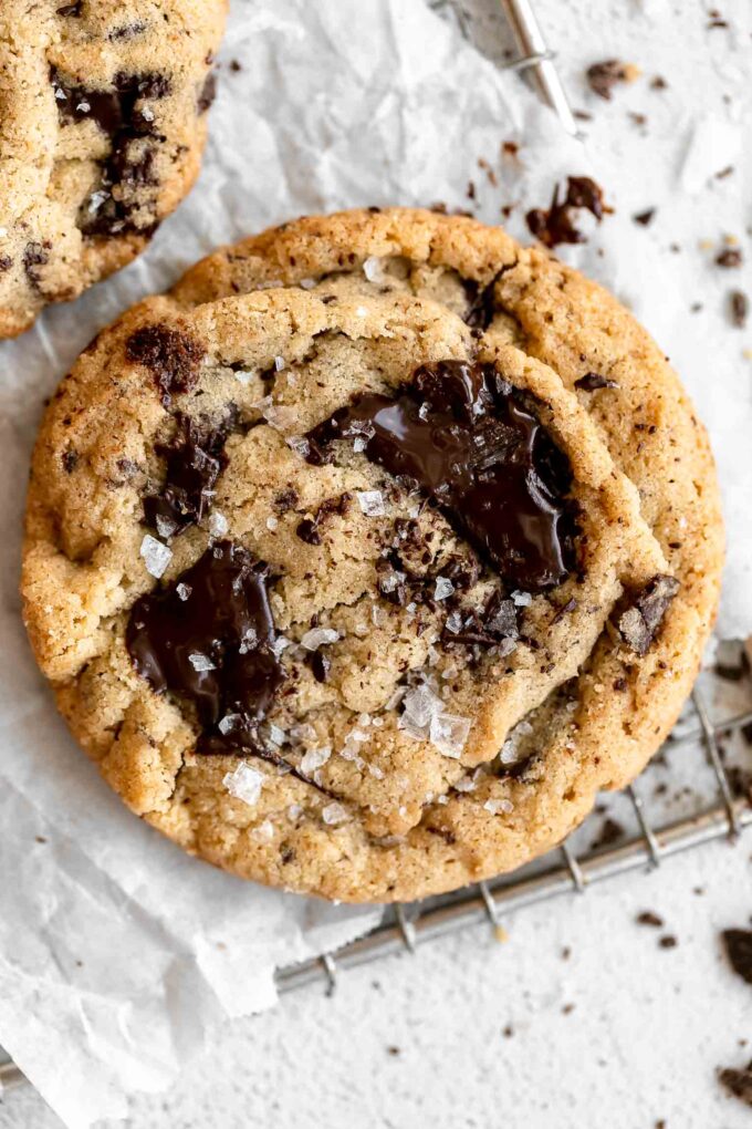 Top shot photo of Tahini Chocolate Chip Cookies recipe.