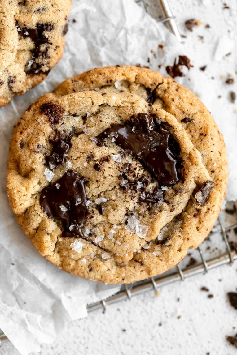 Top shot photo of Tahini Chocolate Chip Cookies recipe.