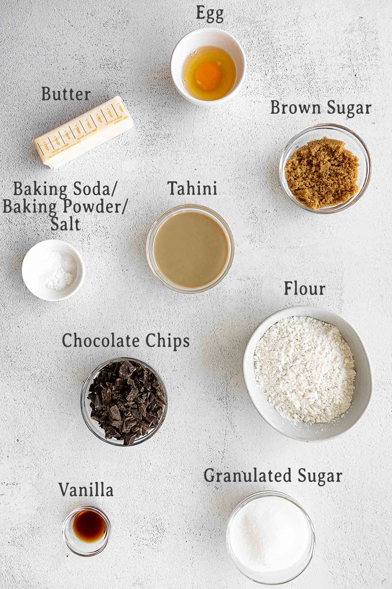 Ingredients for Tahini Chocolate Chip Cookies recipe.