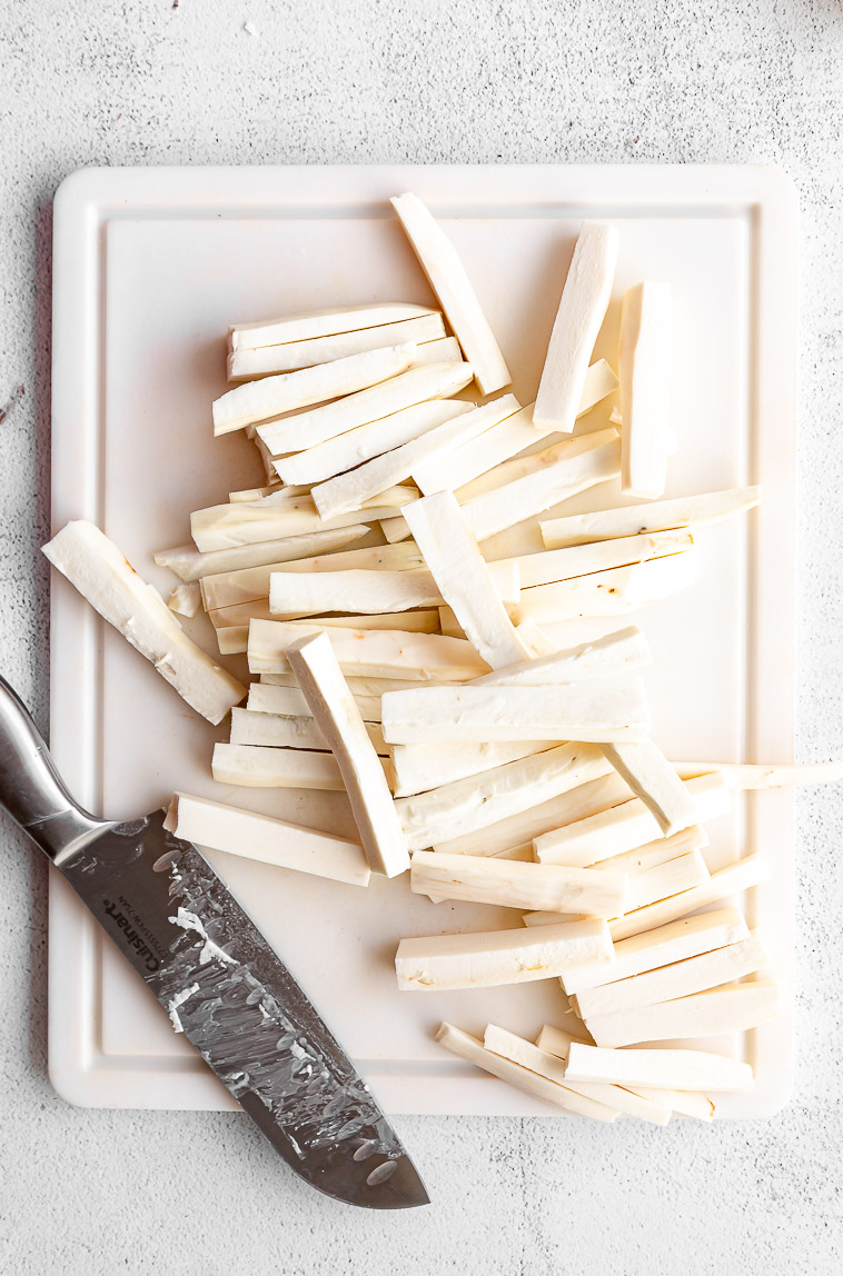 Yuca root cut into small fries.