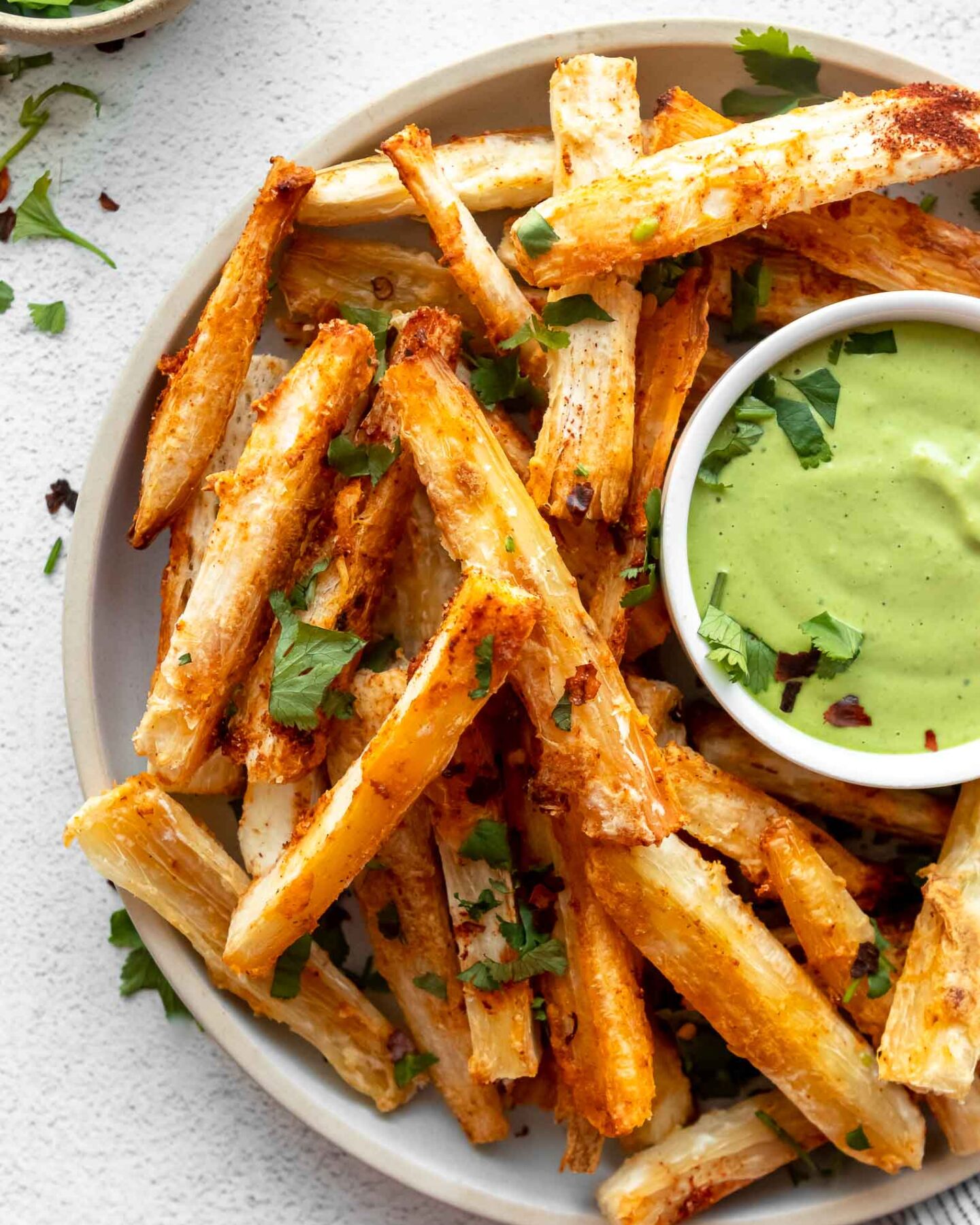 Top shot of Crispy Yuca Fries Recipe.
