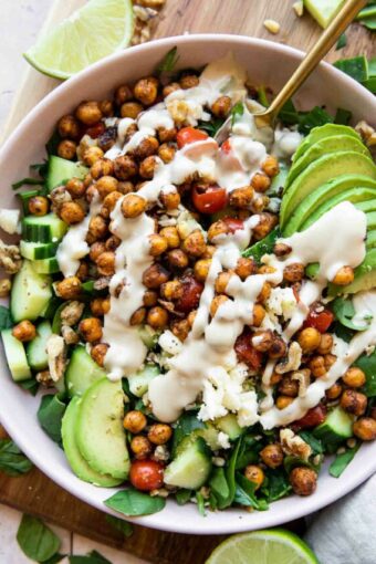 Crispy Chili Lime Chickpea Salad recipe in a bowl.