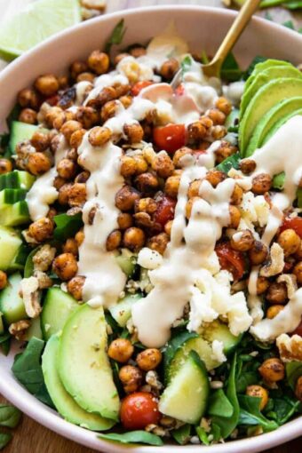 Angled photo of Crispy Chili Lime Chickpea Salad.