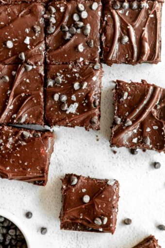 Tahini brownies on a white background.