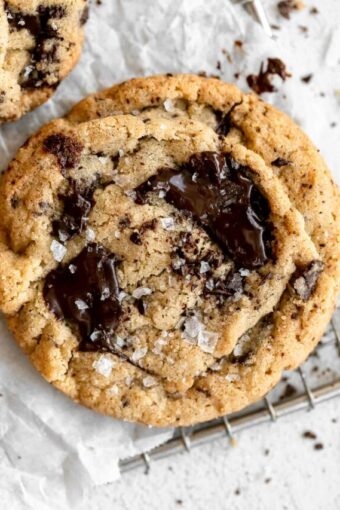 Top shot photo of Tahini Chocolate Chip Cookies recipe.