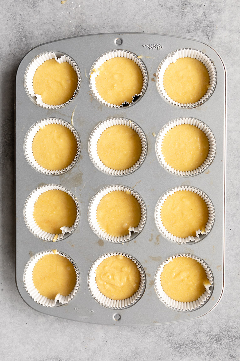 Almond flour cupcake batter in a cupcake tin.