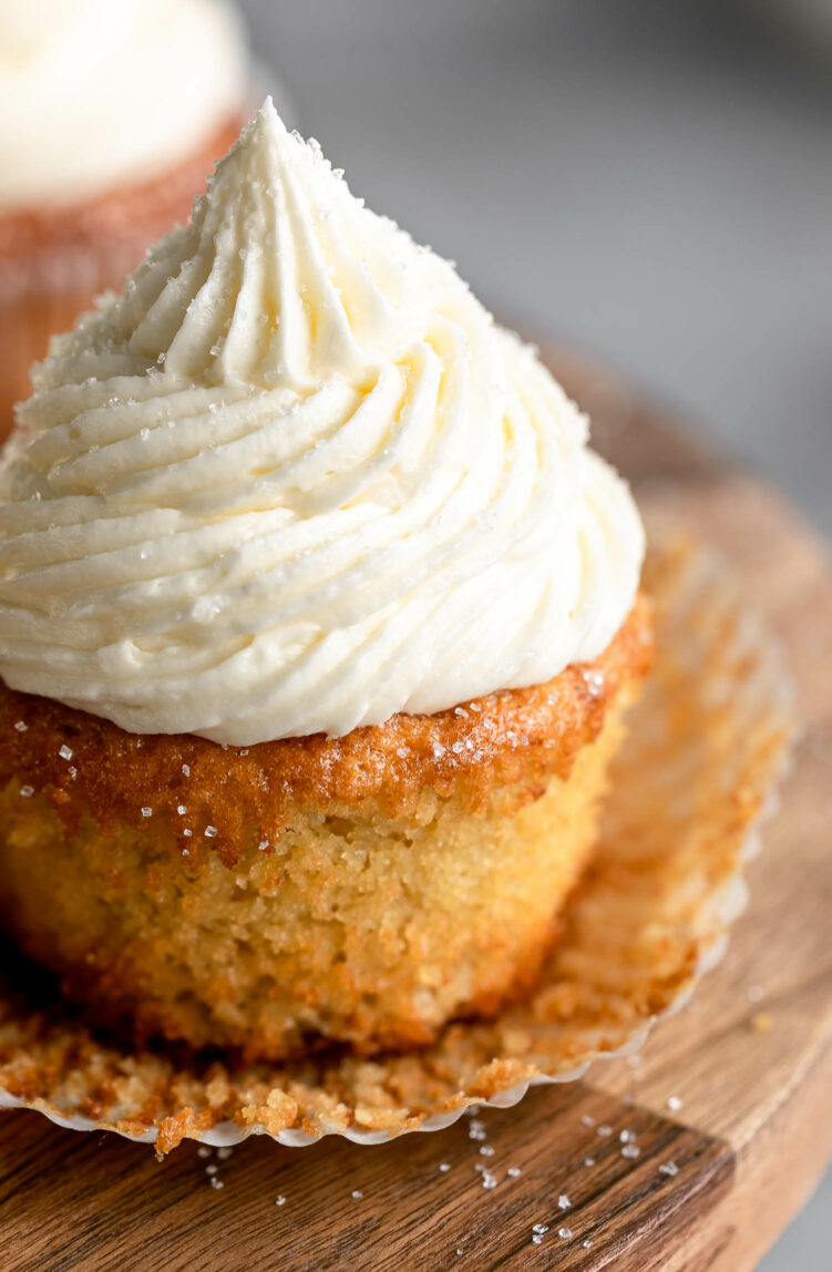 Angled photo of almond flour cupcake.