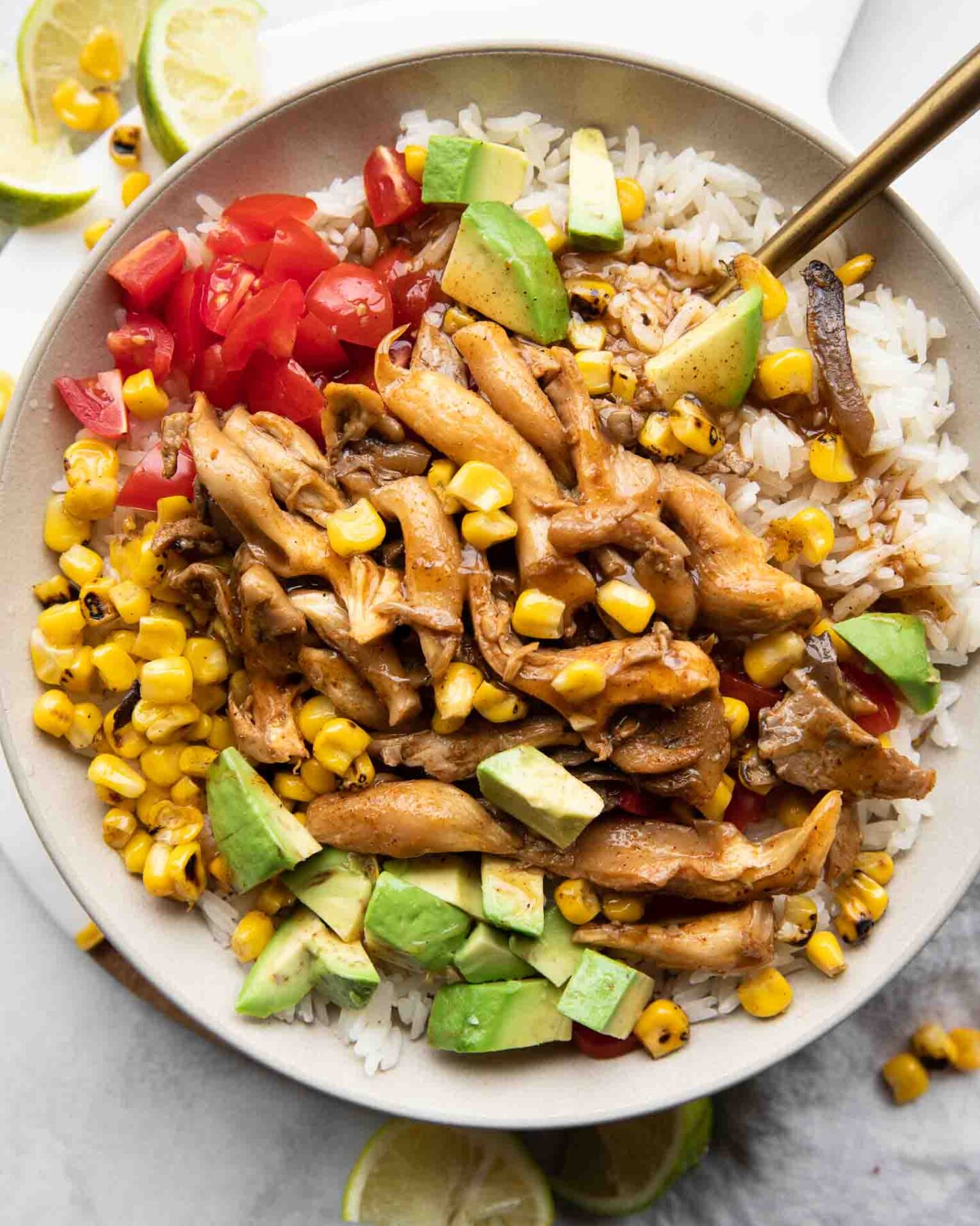 Top shot photo of chili lime vegan shrimp bowl with fork.
