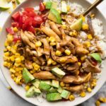 Top shot photo of chili lime vegan shrimp bowl with fork.