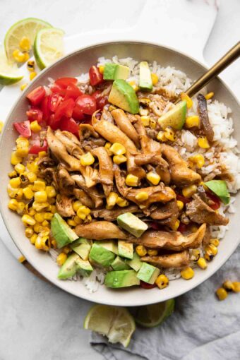 Top shot photo of chili lime vegan shrimp bowl with fork.