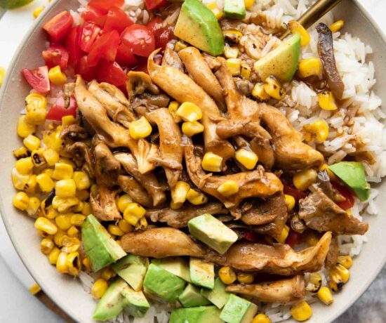 Top shot photo of chili lime vegan shrimp bowl with fork.