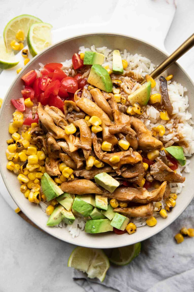 Top shot photo of chili lime vegan shrimp bowl with fork.