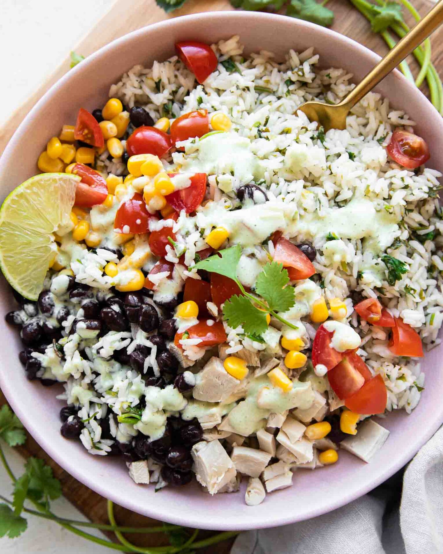 Cilantro Lime Rice Bowls recipe top shot photo.