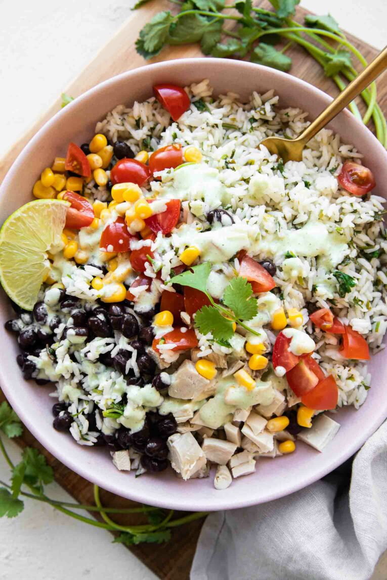 Cilantro Lime Rice Bowls recipe top shot photo.