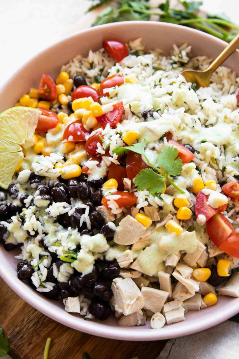 Angled photo of Cilantro Lime Rice Bowls recipe.