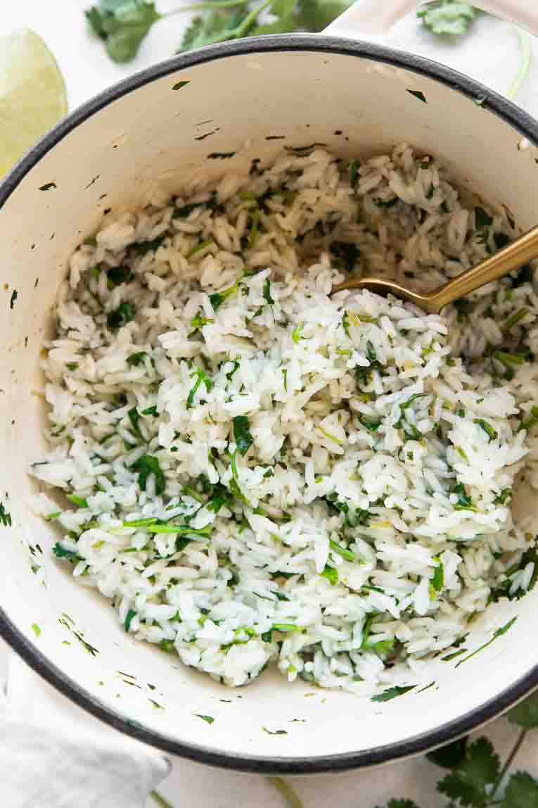 Cilantro Lime Rice cooked in a dutch oven.