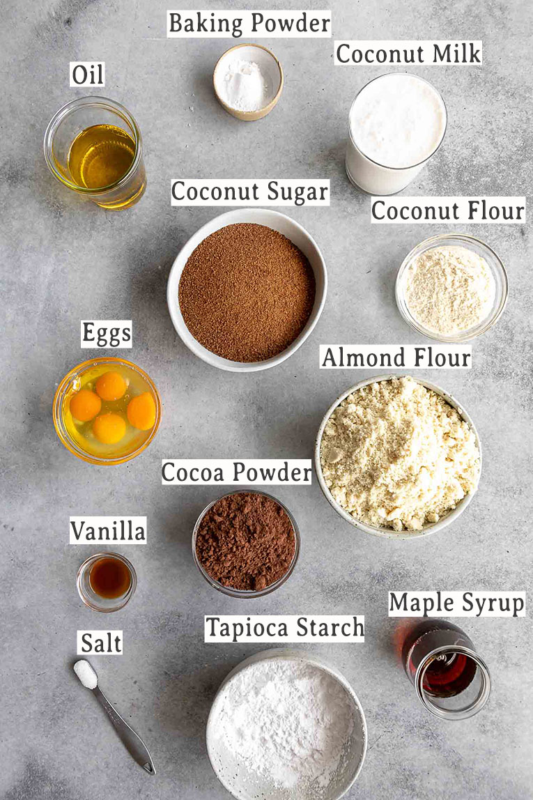 Ingredients for gluten-free chocolate cake recipe with tahini chocolate icing.