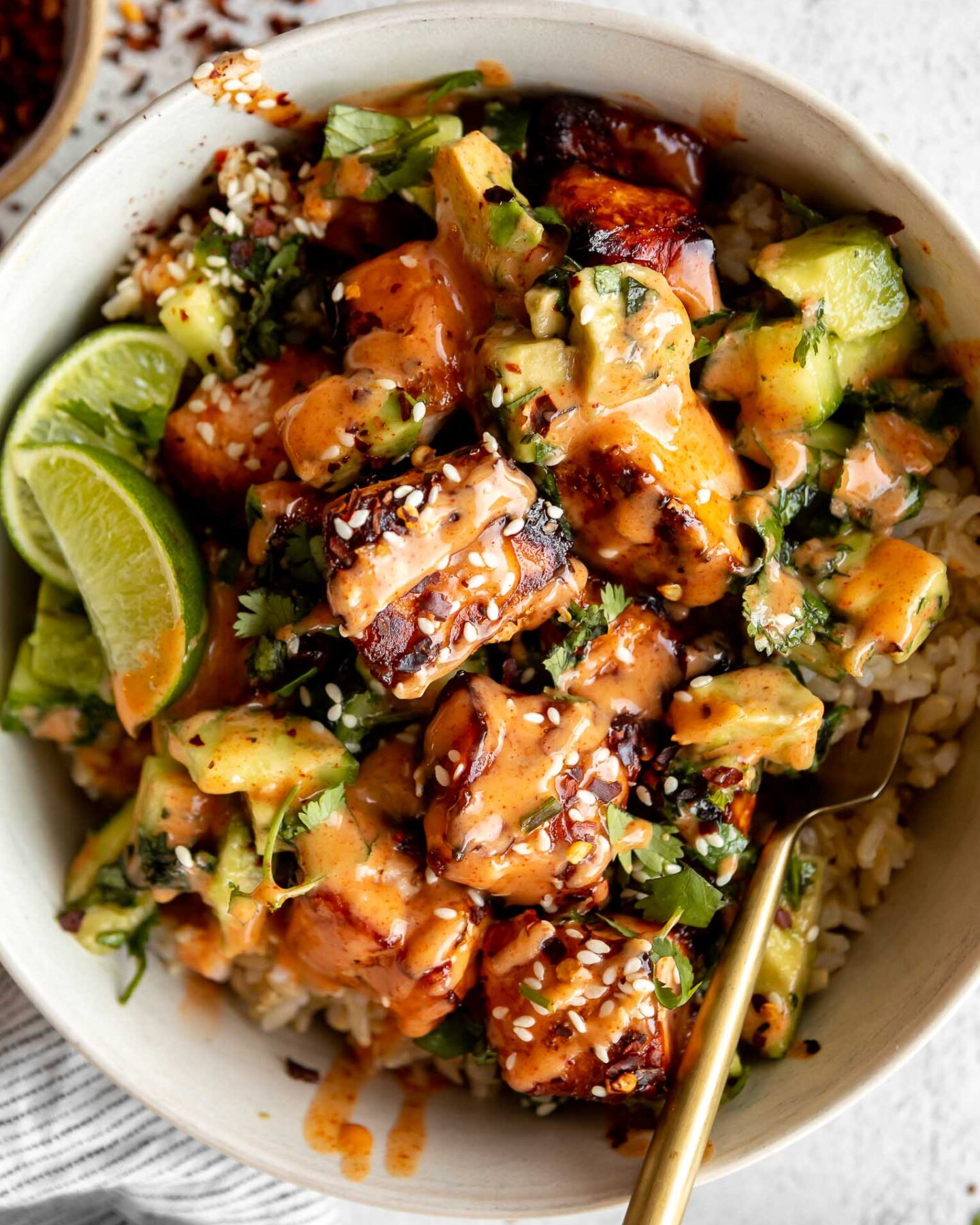 Top shot photo of Honey Glazed Salmon Bowls recipe.