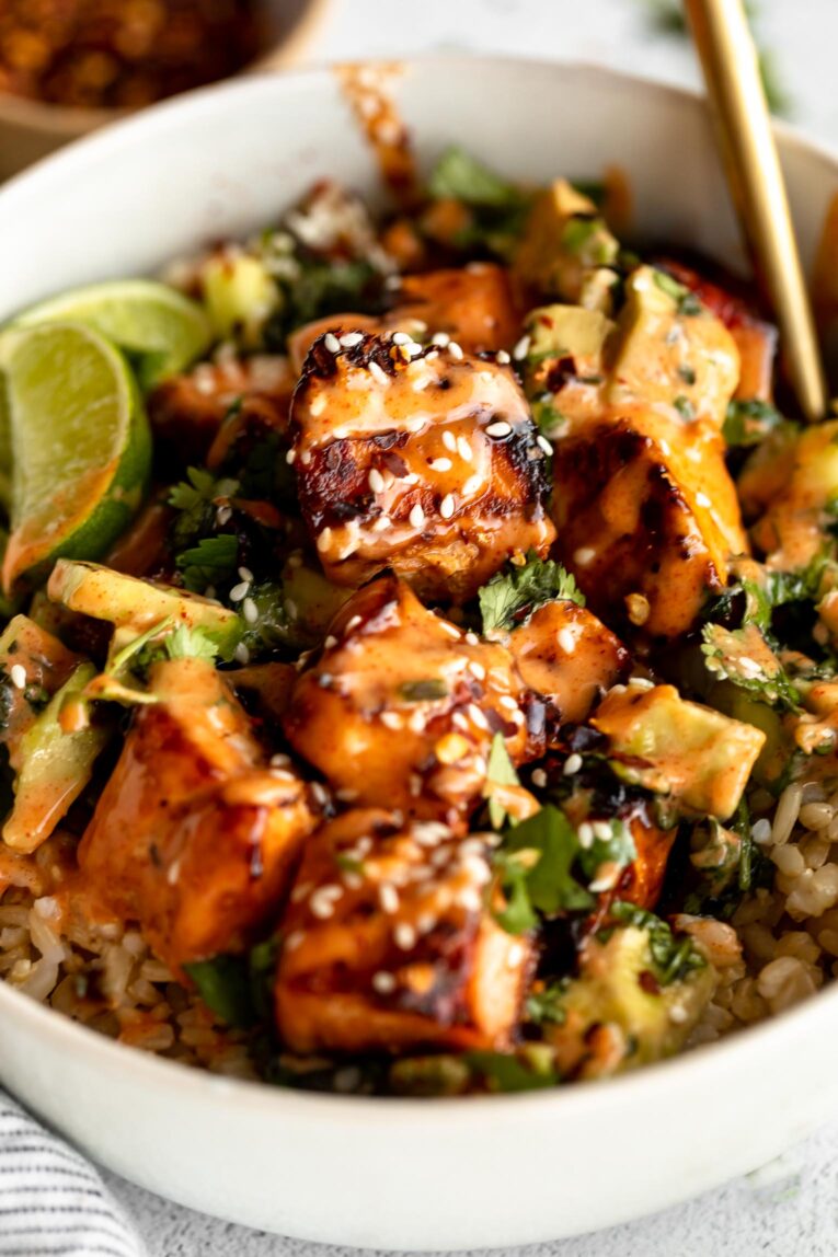 Angled photo of Honey Glazed Salmon Bowl.