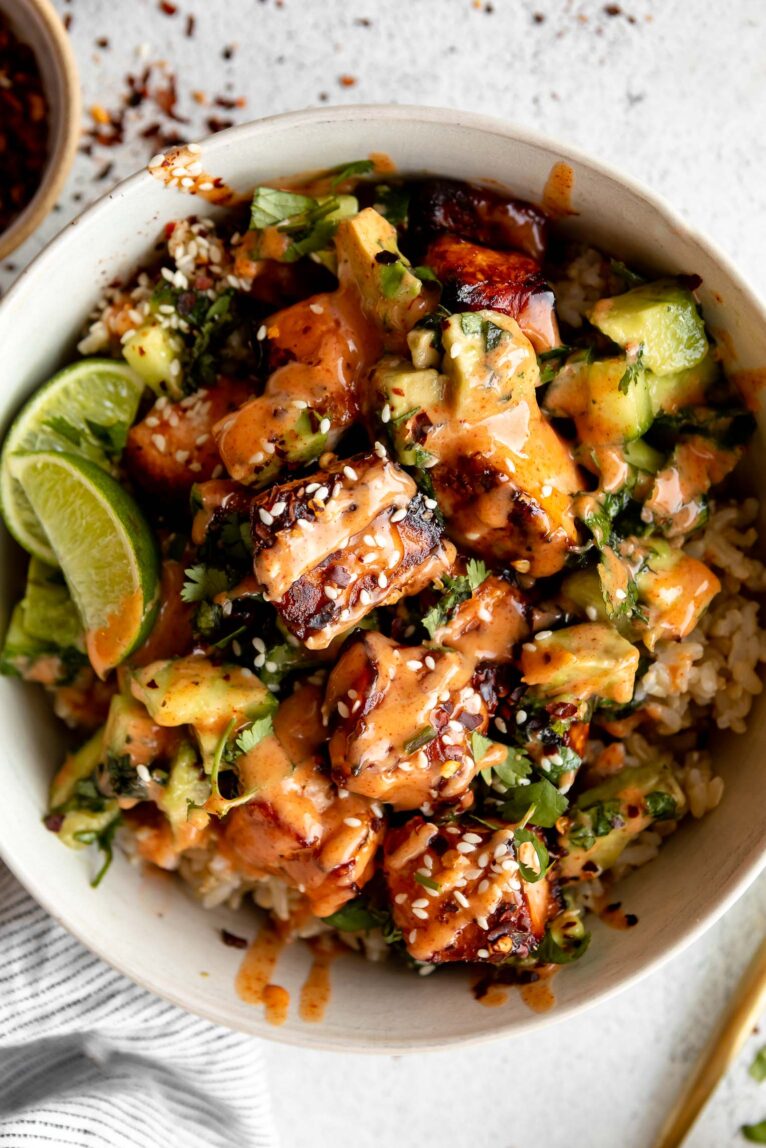 Salmon bowl recipe with honey glazed salmon.