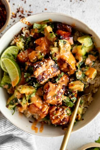 Top shot photo of Honey Glazed Salmon Bowls recipe.