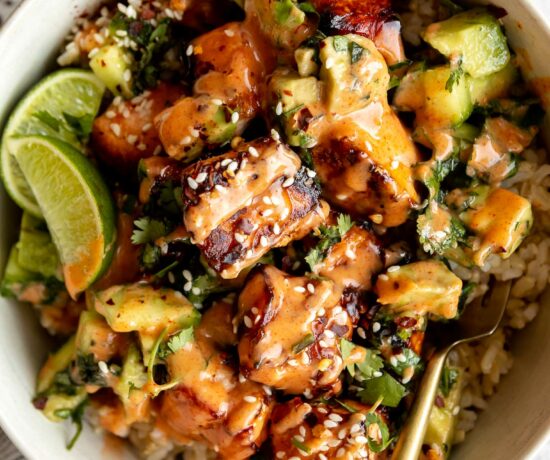 Top shot photo of Honey Glazed Salmon Bowls recipe.