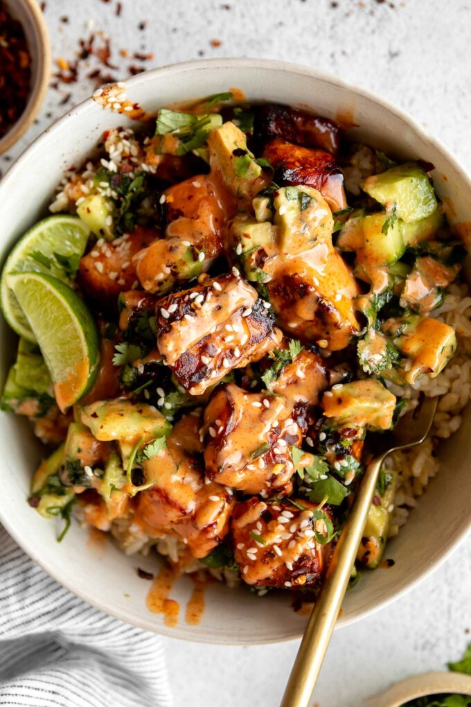 Top shot photo of Honey Glazed Salmon Bowls recipe.