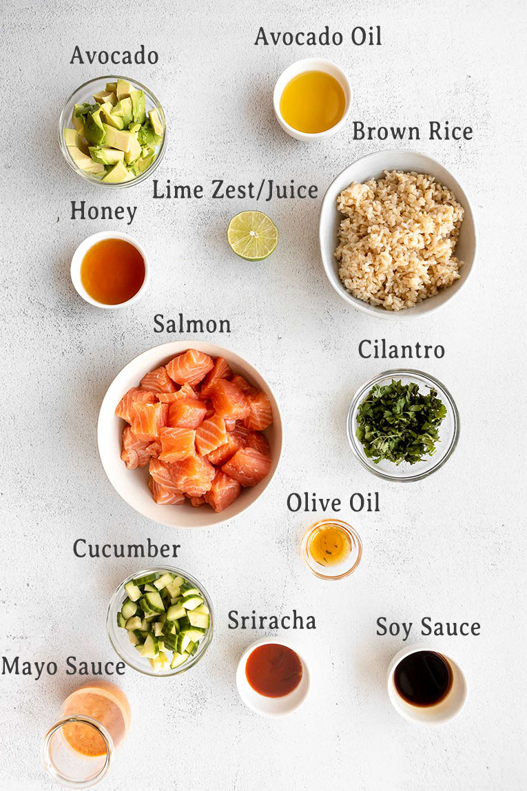 Ingredients for Honey Glazed Salmon Bowls recipe.