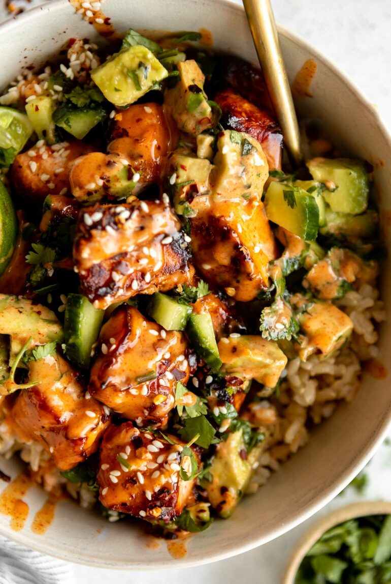 Close up of Honey Glazed Salmon Bowls recipe.
