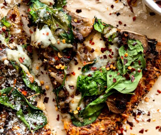 Slice of mushroom cauliflower crust pizza recipe.