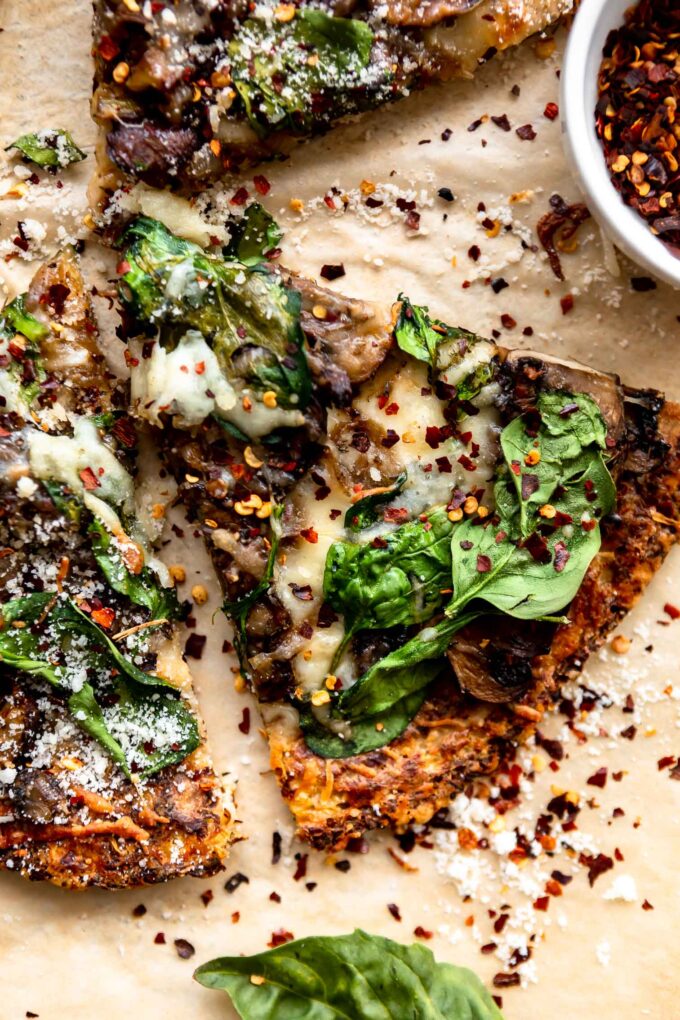 Slice of mushroom cauliflower crust pizza recipe.