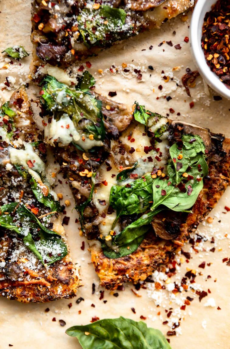 Slice of mushroom cauliflower crust pizza recipe.