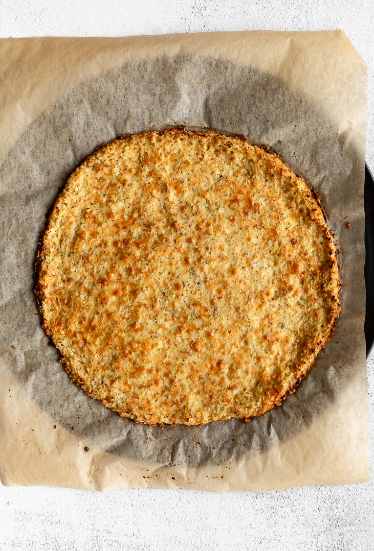 Freshly baked cauliflower crust.