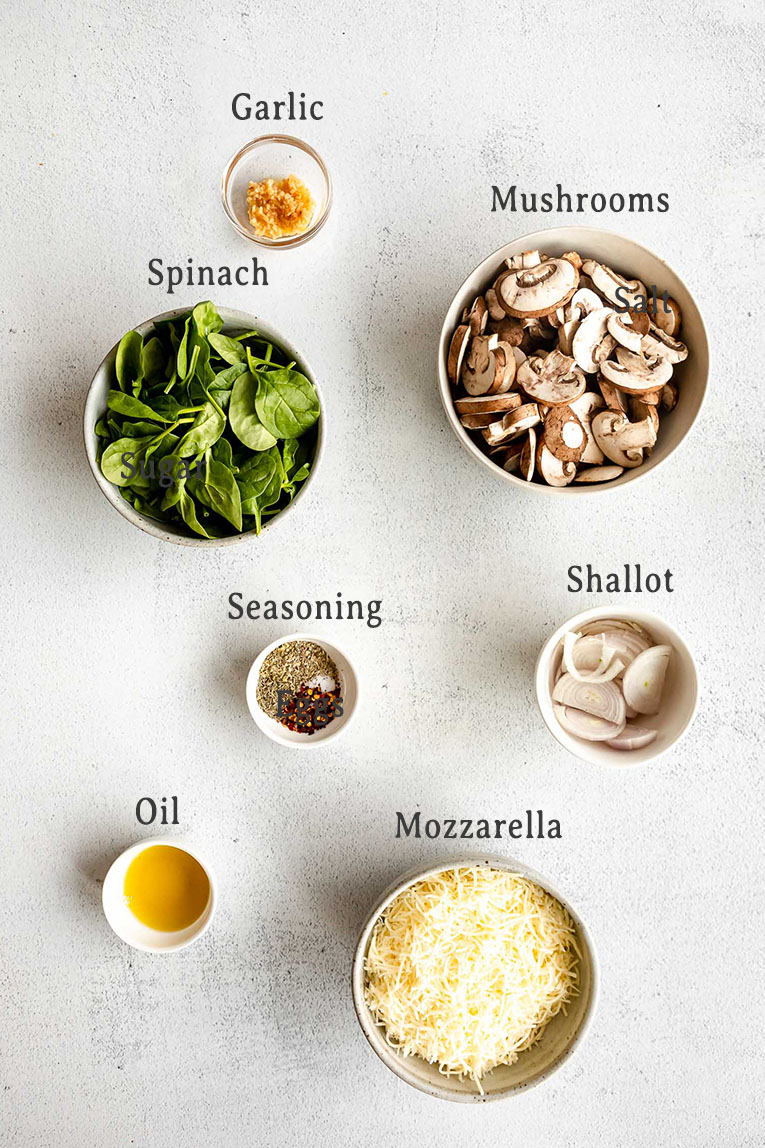 Toppings ingredients for mushroom cauliflower pizza recipe.