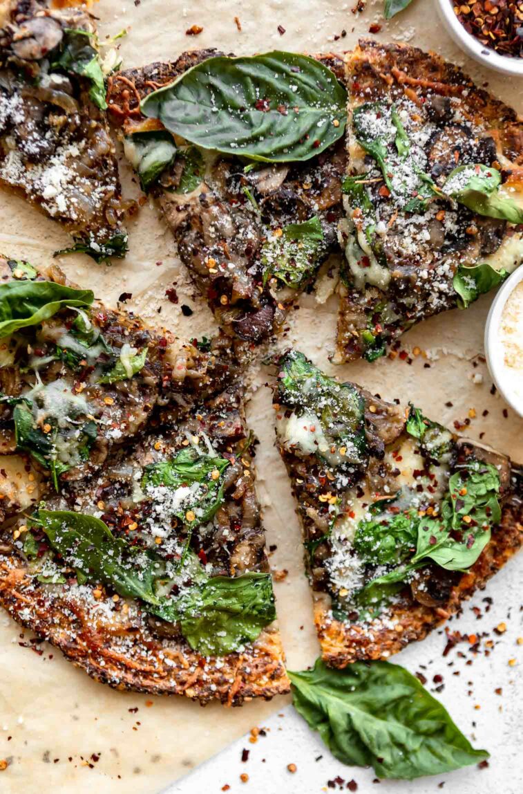 Slices of mushroom cauliflower pizza.