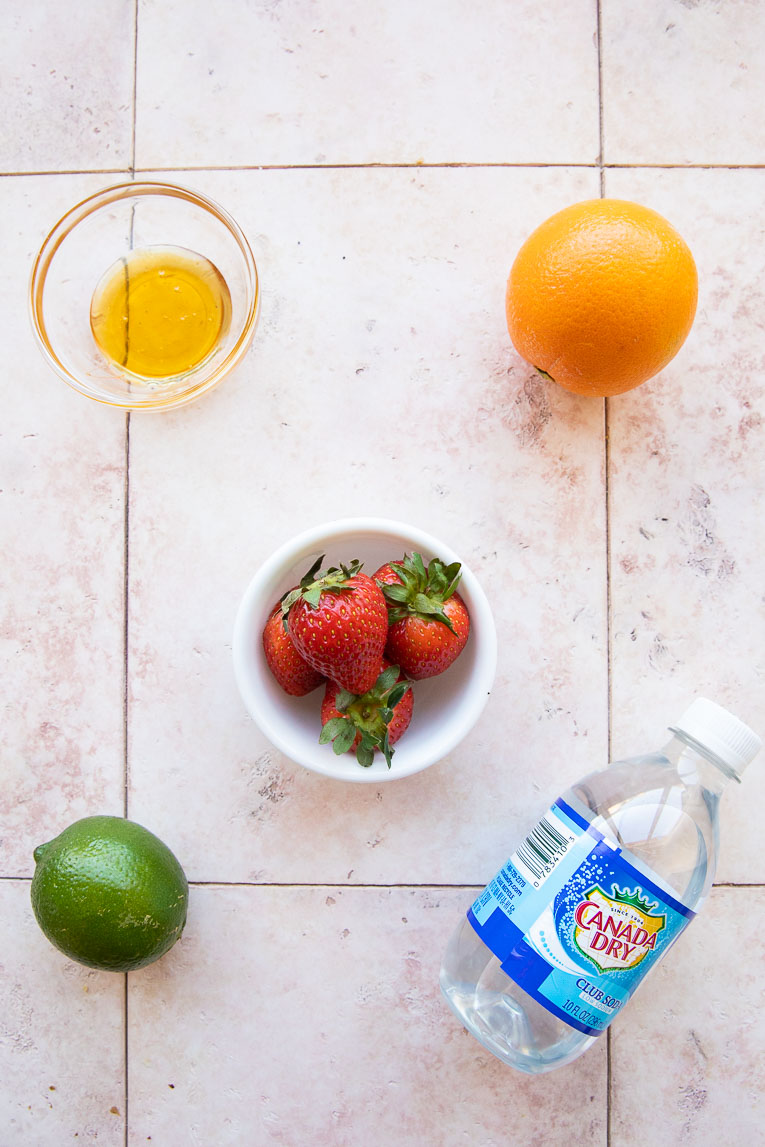 Ingredients for Strawberry Lime Mocktail Margarita recipe.